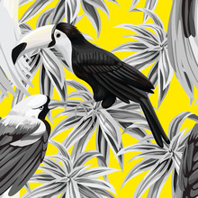 Tropical Birds And Plants Seamless Background 