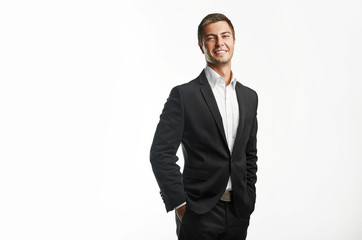 young business man holding isolated on white background