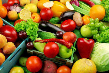 Fototapete - Heap of fresh fruits and vegetables close up