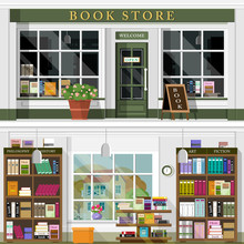 Set Of Vector Detailed Flat Design Bookstore Facade And Interior. Cool Graphic Interior Design For Book Shop With Books, Book Cases, Shelves, Places For Reading. Flat Style Vector Illustration.