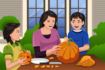 Sticker - Mother Kids Carving Pumpkins