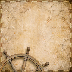 Wall Mural - old nautical map with steering wheel