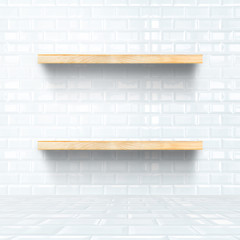 Fototapete - white tile room with wooden shelf, Mock up for display of produc