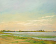 clouds illuminated by the sun over the river in the  steppe, painting oil on canvas