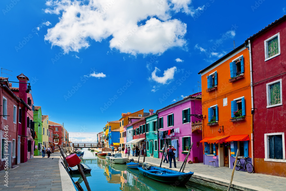 Venice landmark, Burano island, colorful houses and boats, Venice, Italy - obrazy, fototapety, plakaty 