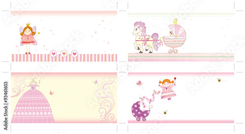 Four  invitations for girls in one document.  Each invitation has dimensions 2718X1299 pixels, 23cmX11cm at 300dpi.  