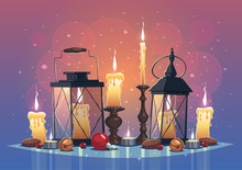 Set Of Candles And Lanterns. Christmas Greeting Card \ Background \ Poster. Vector Illustration.
