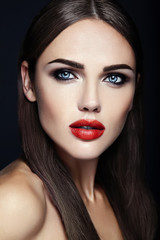 sensual glamour portrait of beautiful  woman model lady with fresh daily makeup with red lips color and clean healthy skin face