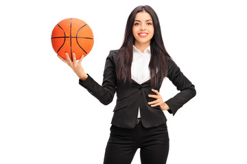 Sticker - Cheerful businesswoman holding a basketball