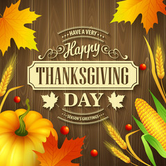 Wall Mural - Hand drawn thanksgiving greeting card with leaves, pumpkin and