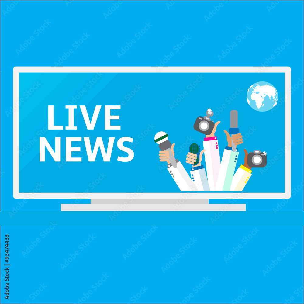 Live Report Live report concept, live news - set of hands holding microphones and ...