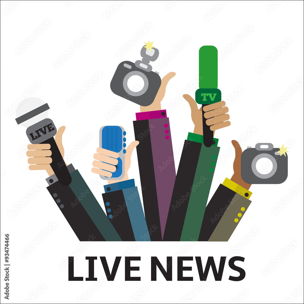 Live Report Live report concept, live news - set of hands holding microphones and ...