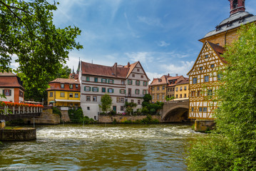 Bamberg, Germany. Old buildings on the east bank of the eyelashes. Right -  half-timbered Corporal House, 1668. Historic city center of Bamberg is a listed UNESCO world heritage site