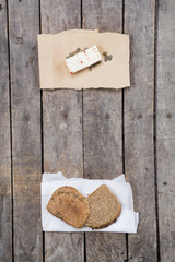 Vertical image of unleavened bread and tofu with copy space