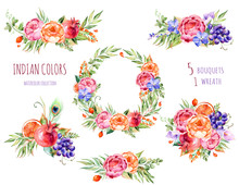 Colorful Floral Collection With Roses,flowers,leaves,pomegranate,grape,callas,orange,orchids,peacock Feather.5 Beautiful Bouquet And 1wreath For Your Own Design.