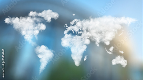Fototapeta na wymiar world map made of clouds against European Parliament