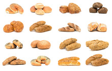 Collection Of Various Types Of Breads. Isolated Over White Backg