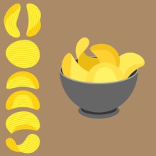 Vector Potato Chips In Bowl And Potato Chips With Texture, Flat Design