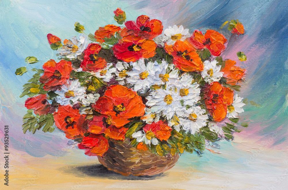 Oil painting still life, abstract watercolor bouquet of poppies and daisies - obrazy, fototapety, plakaty 
