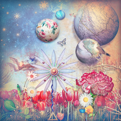 Poster - Fairytales field with colored flowers series