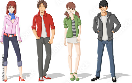 Plakat Grupa kreskówka młodzi ludzie. Nastolatki z anime Manga.