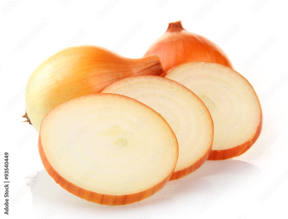 Whole and cut onions isolated on white