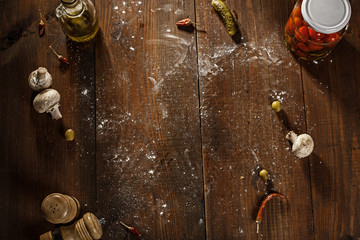 top view of after baked pizza served on wooden table