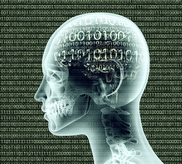 xray image of human head with binairy code for a brain
