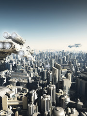 Wall Mural - Future City Under Attack - Science Fiction Illustration