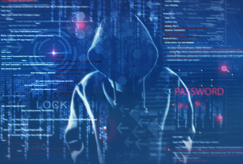 hacker at work with graphic user interface around