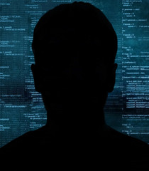 hacker at work with graphic user interface around