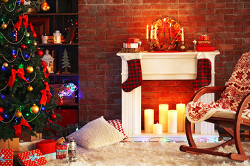 Wall Mural - Beautiful Christmas interior with fireplace and fir tree