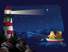Santa Rowing Boat To Lighthouse