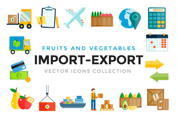 Import export fruits and vegetables delivery vector icons set