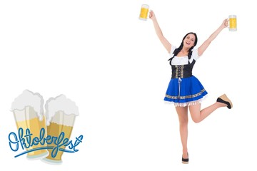 Wall Mural - Composite image of pretty oktoberfest girl holding beer tankards