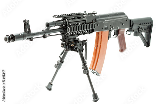 Poster ak-47 machinegun with custom butt, reflex sight and bipod