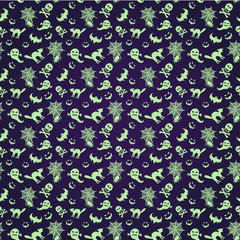 A Halloween seamless pattern in green luminous and dark blue background.