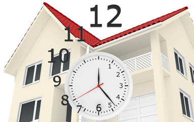 Wall Mural - The house with red roof and clock numbers flying. Leaving time sale of real estate