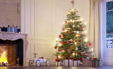 weihnachtsbaum mit geschenken im Wohnzimmer - christma tree with gifts on the floor