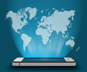 telephone and world map above it. blue background