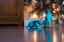 Close-up Of Blue / Turquoise Party Shoes With Golden Bottom. Selective Focus.