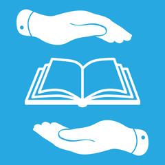 Wall Mural - white book icon in flat hands isolated on blue background- vecto