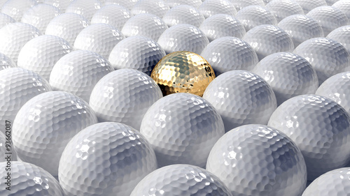 Fototapeta dla dzieci Golf balls abstract background with one gold ball