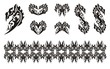Black dragon head symbols in tribal style. Dollar dragon form, dragon hearts, dragon butterfly and dragon stripe