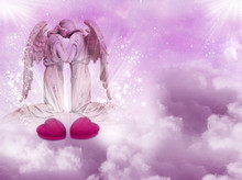 Two Embracing Angels With Red Hearts Over Pink Sky