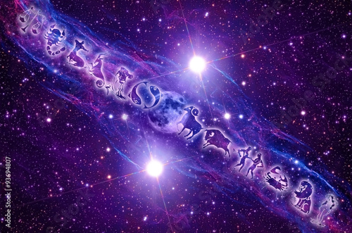 Fotografie, Obraz zodiac signs and Moon over mystical Universe with flares and stars in blue and p