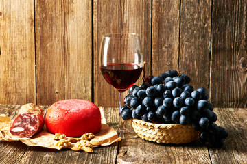 Wall Mural - Grapes, cheese and red wine