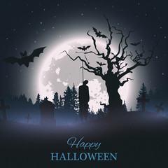 Wall Mural - Happy Halloween retro poster. Background with spooky graveyard, naked tree, graves, bats and hanged man silhouette