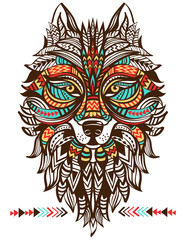 Wall Mural - Ethnic totem of a wolf.  Indian wolf.  A tattoo of a wolf with an ornament. Hand Drawn vector illustration