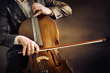 Wall Mural - Man playing on cello on dark background